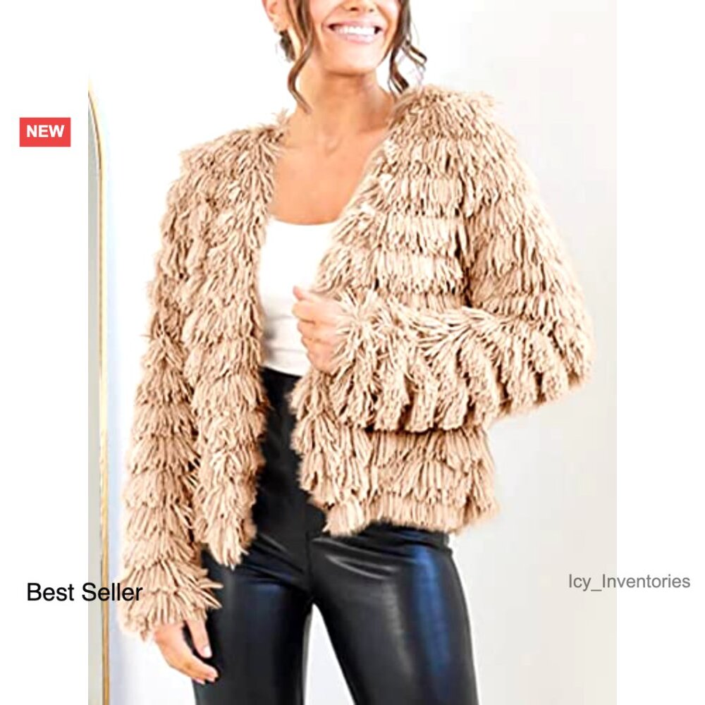Open Front Faux Fur Cardigan Vintage Parka Shaggy Jacket Coat Y2K Chic - Picture 2 of 7